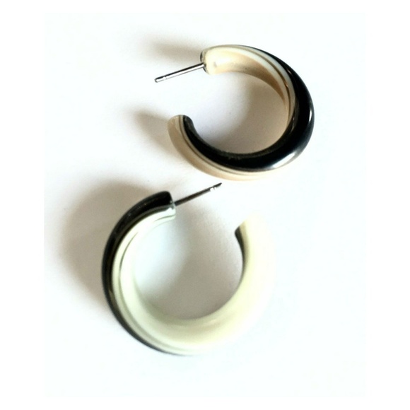 Black & Ivory Lucite Stripe Tube Hoop Earrings - Picture 3 of 7